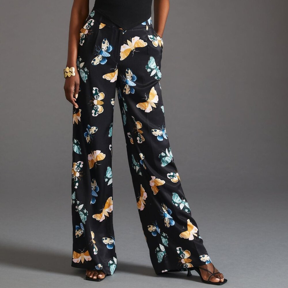 Maeve Black Wide-Leg Pants with Yellow & Teal Butterfly Print